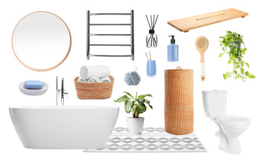 Mood board with bath tub, toilet, bathroom supplies and decorative elements on white background