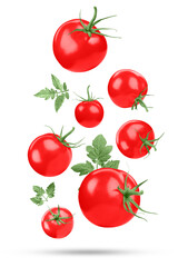 Fresh ripe tomatoes and green leaves falling on white background