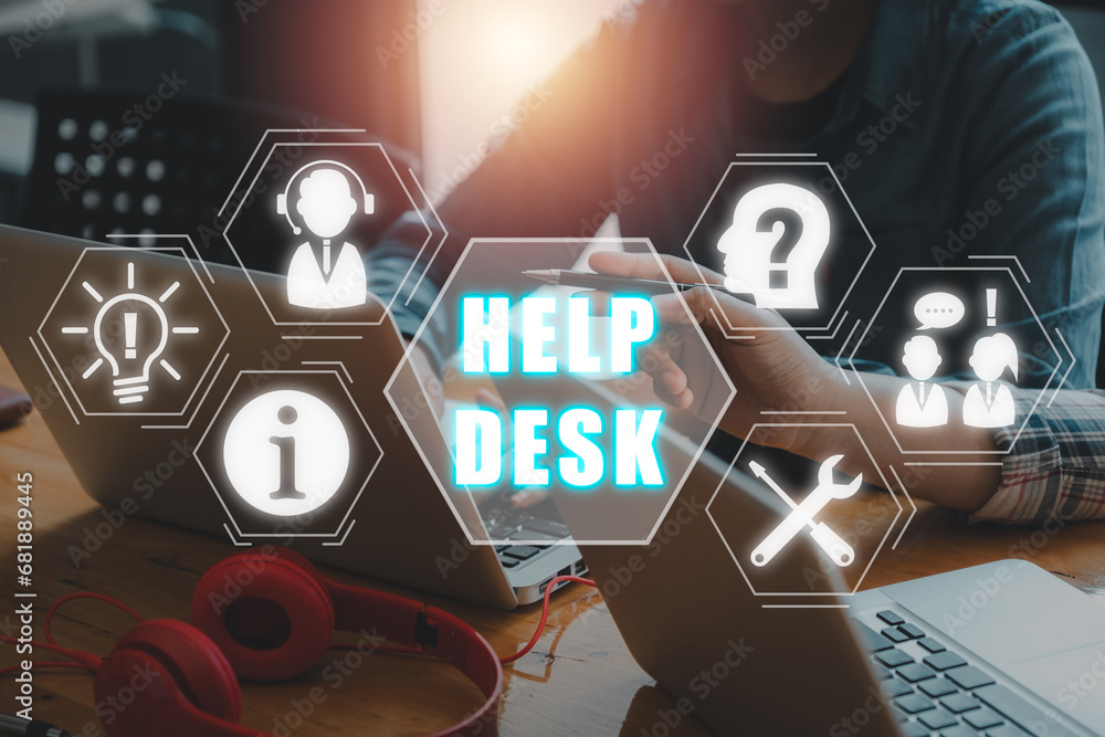 Poster help desk concept, business team working on laptop computer on desk with help desk icon on virtual s