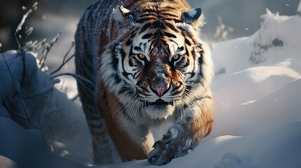 The ferocious siberian tiger looks forward and wants to attack in the snow aggressively created with Generative AI Technology