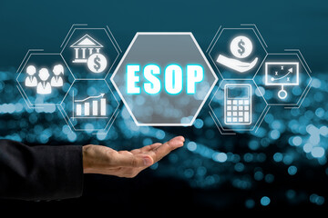 ESOP, Employee Stock Ownership Plan concept, Business person hand holding Employee Stock Ownership Plan icon on virtual screen. - obrazy, fototapety, plakaty