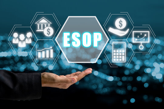 ESOP, Employee Stock Ownership Plan concept, Business person hand holding Employee Stock Ownership Plan icon on virtual screen.