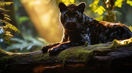 A full body black panther in the distance lay sunning himself on a thick tree trunk high above the forest with golden hour lighting created with Generative AI Technology