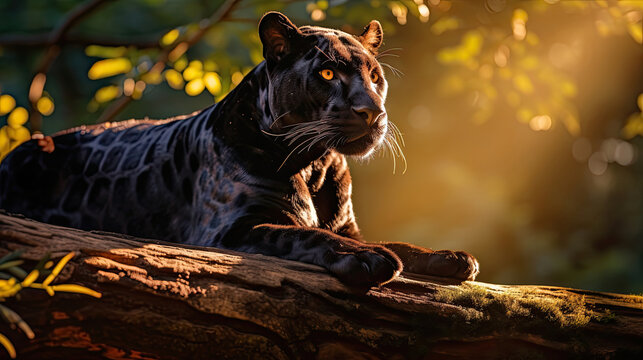A full body black panther in the distance lay sunning himself on a thick tree trunk high above the forest with golden hour lighting