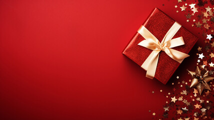 Christmas background with gift present over red background