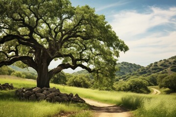 Fototapeta premium Verdant Field landscape. Tree on horizon. Generate AI