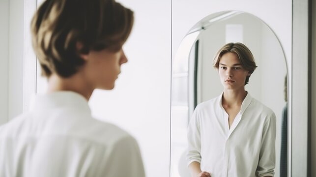 A depressed young man lookin at his reflection in the mirror 