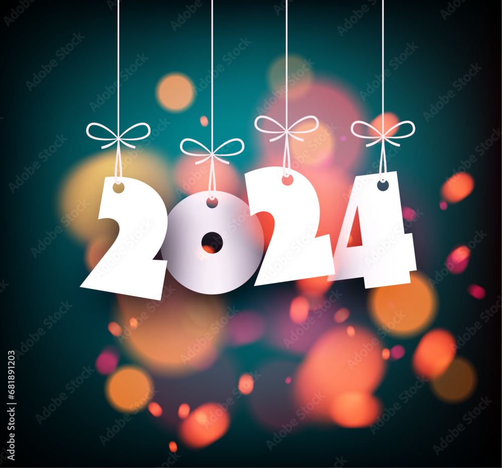Poster new year 2024 background with white paper numbers with shadows on background made of blurred orange 