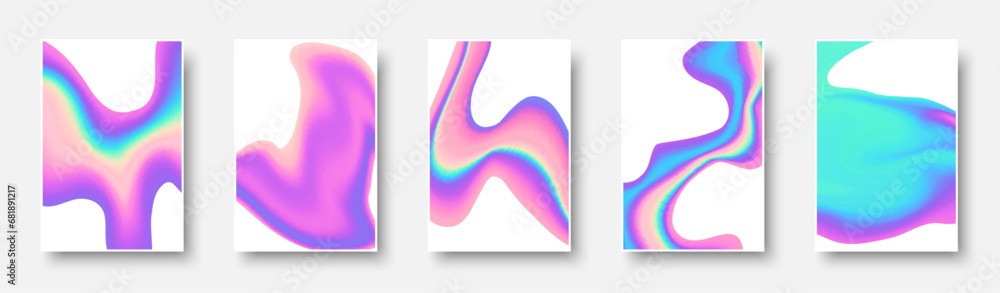 Poster set of colorful hologram paper card. abstract holographic wavy gradient mesh color backgrounds.