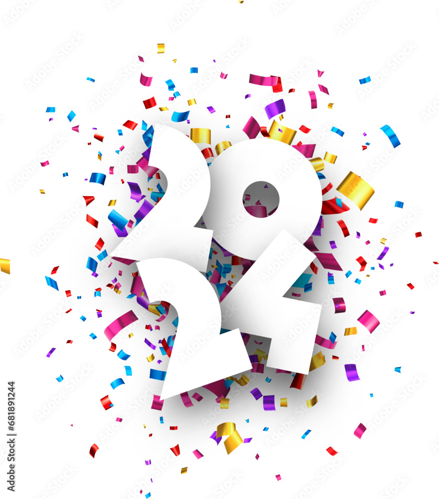 Poster new year 2024 paper numbers for calendar header on colorful background made of multicolored confetti