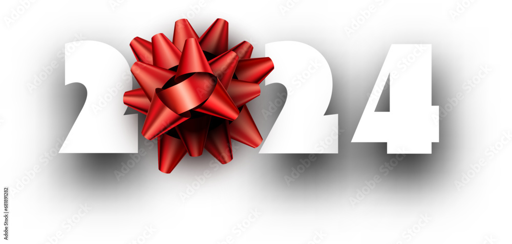 Poster new year 2024 paper numbers with red bow for calendar header on white background.