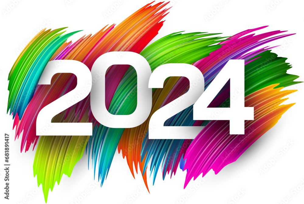 Canvas Prints New Year 2024 paper numbers for calendar header on colorful background made of different color brush strokes.