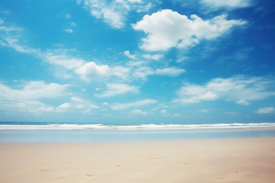Sunny Ocean beach blue sky day. Relax horizon. Generate Ai