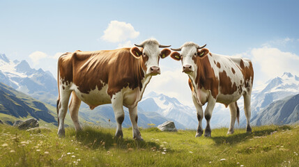 Naklejka na ściany i meble Swiss brown cows grazing in a suburban pasture meadow with icy mountains and bright blue sky on a white background created with Generative AI Technology
