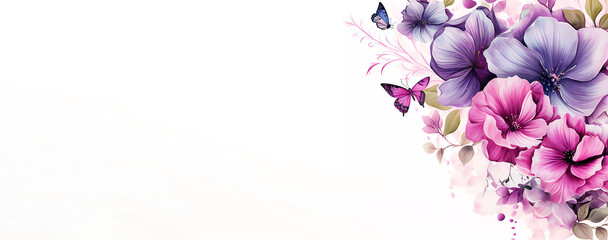 Beautiful flowers on a white isolated background. Place for text. Banner. Generated AI. Improved photoshop