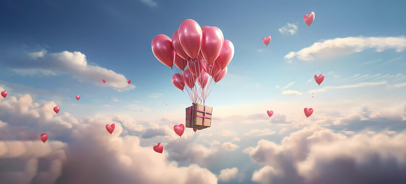The package flies across the sky. Parcel delivery. Valentine's Day. Sun rays. Generated AI. Photoshop has been improved.