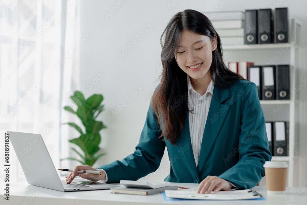 Poster accountant calculating numbers on calculator, auditor is working on accounting in the office, numeri