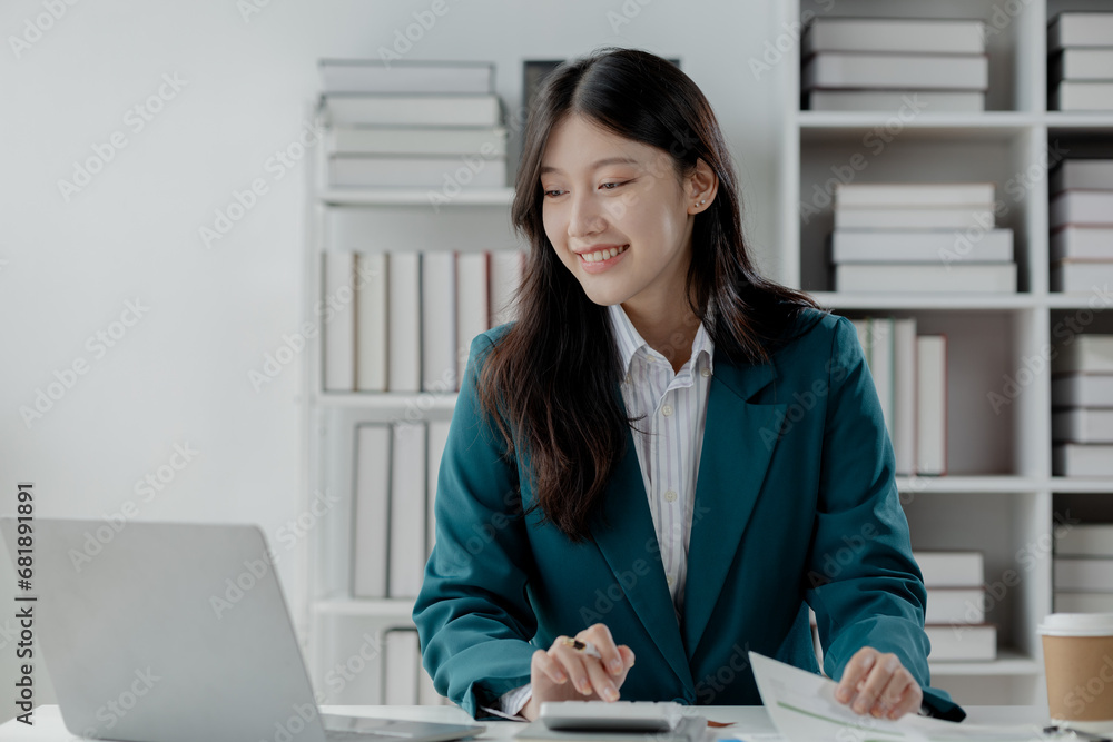 Poster accountant calculating numbers on calculator, auditor is working on accounting in the office, numeri