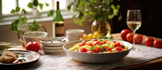 In a gourmet kitchen, the marble table was adorned with a colorful display of vegetables, leaves, and tomatoes, while a bowl of healthy noodles, topped with basil and drizzled with olive oil, awaited
