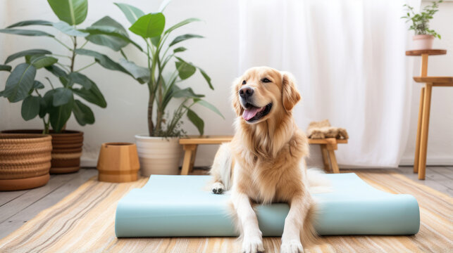 happy golden retriever dog at minimalist interior home lying near yoga mat created with Generative AI Technology