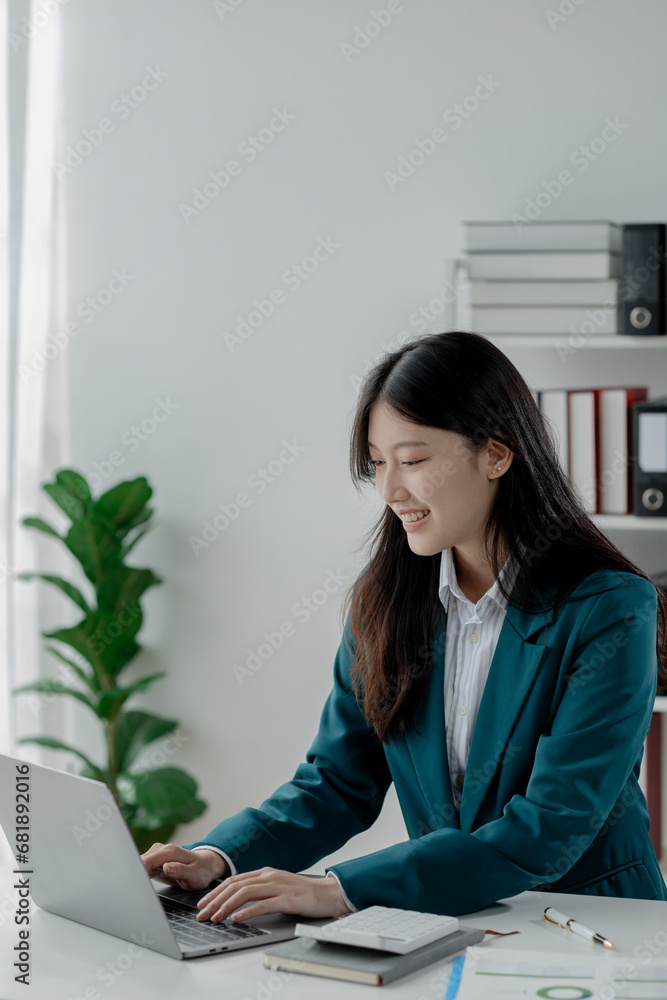Poster accountant calculating numbers on calculator, auditor is working on accounting in the office, numeri