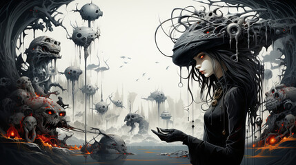 "Ethereal Mindscapes"
A figure surrounded by floating orbs and mechanical tendrils contemplates an unknown element in a monochromatic world with hints of fire.