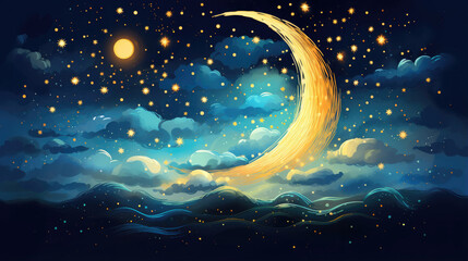 Obraz na płótnie Canvas blue sky night cartoon landscape with yellow crescent moon, sparkling stars, and mountain created with Generative AI Technology