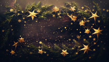 Christmas frame fir branches star golden sparkle Copy space banner design decorative glittering new year abstract background blurred tree branch bright card celebration creative december - obrazy, fototapety, plakaty