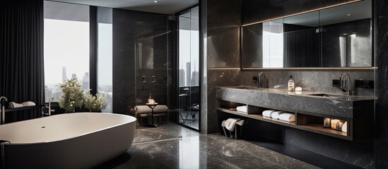 The modern interior design of the hotel room featured a sleek black marble table, glass walls, and concrete furniture to create a unique and luxurious texture withbathroom. - obrazy, fototapety, plakaty