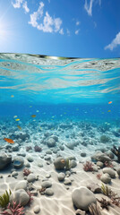 The surface ocean water is bright and shining with white beaches filled with colorful fish and pebbles stone under the water with clear blue sky created with Generative AI Technology