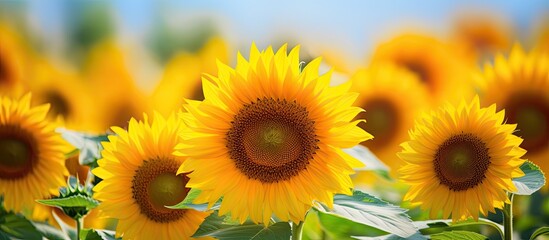 In the heart of summer, the vibrant and colorful fields of a blooming flower garden showcase the natural beauty of sunflowers. Their yellow petals, basking under the warm sun, create a striking