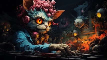 Tuinposter "Mystic Machinist" An otherworldly feline creature operates arcane machinery in a shadowy, fantastical workshop. © Thomas