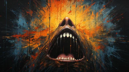 Deurstickers "Abyssal Scream" An open maw roars against an explosive backdrop, a vivid portrayal of primal fear. © Thomas