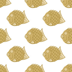 Taiyaki seamless vector pattern. Tasty Asian dessert in the shape of a fish. Waffle filled with sweet bean paste. Pancake, street fast food. Hand drawn Japanese snack. Bright flat cartoon background