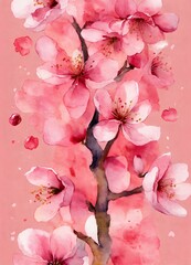 桜の水彩画。ピンク色の花模様背景｜Watercolor painting of cherry blossoms. pink flower pattern background. Generative AI