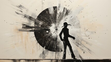 "Noir Resonance"
A solitary figure in a hat strides before an explosive monochrome burst.