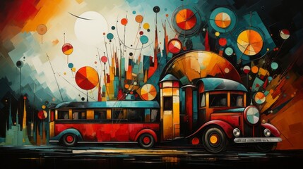 "Vibrant Voyage"
An old-fashioned bus embarks on a whimsical journey, buoyed by a kaleidoscope of floating balloons.