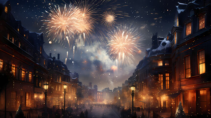 beautiful city at night with fireworks on a celebration day - obrazy, fototapety, plakaty