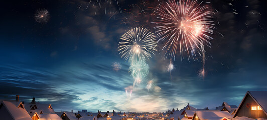 beautiful city at night with fireworks on a celebration day - obrazy, fototapety, plakaty