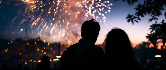 happy couple watching and enjoying some fireworks - obrazy, fototapety, plakaty