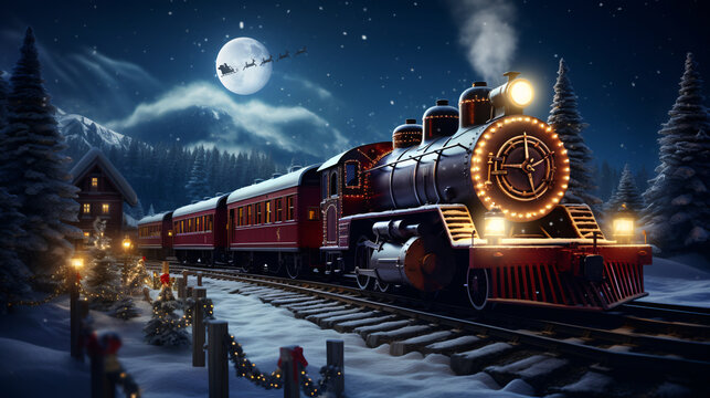 beautiful christmas train at the north pole with santa claus flying on his sleigh on christmas night