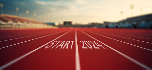 Running track with the number 2024 and the word start on the ground - concept of the beginning of the new year