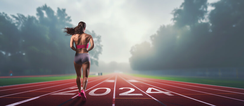 woman running on a running track and the number 2024 is painted on the ground - concept of starting the new year right