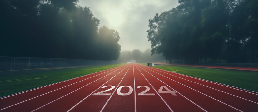 Athletics track with the number 2024 on the ground - concept of the beginning of the new year