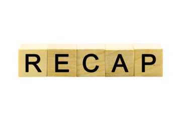 "RECAP" text or message short word english letter on a small wooden cubes block with white background.