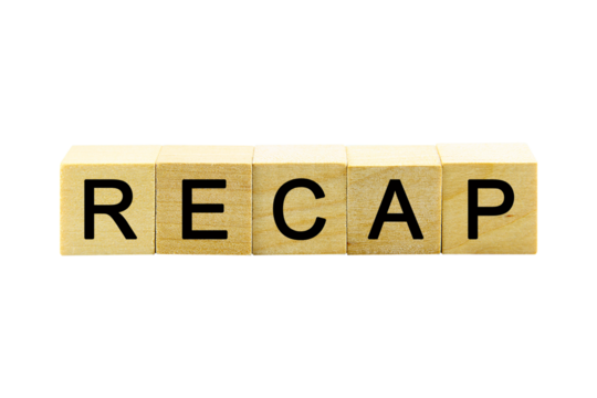 "RECAP" text or message short word english letter on a small wooden cubes block with white background.