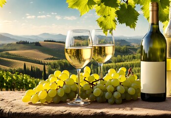 Illustration of white wine bottle, two glasses of wine, and a bunches of grapes on a table. Hills and vineyard  background. Production at winery.. Mockup, banner, background. - obrazy, fototapety, plakaty
