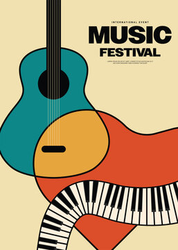 Music festival poster template design with piano and acoustic guitar vintage retro style