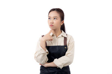 Portrait of young asian barista woman wearing apron gesture doubt and thinking idea isolated white background, waitress or entrepreneur thought and curious, small business or startup, waiter of cafe.