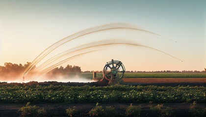Field irrigated pivot sprinkler system sunny day Plant irrigation technology Agriculture development concept plantation water agricultural automatic countryside crop cultivated environment